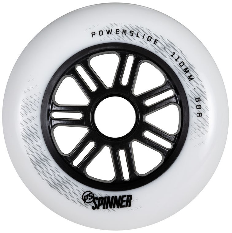 White Powerslide Spinner inline skate wheel of 110 mm diameter, bullet radius and 88a durometer